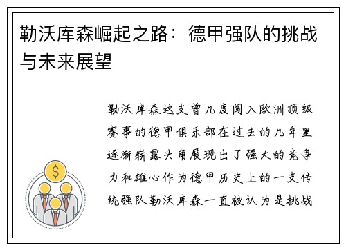 勒沃库森崛起之路：德甲强队的挑战与未来展望