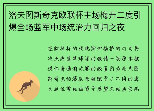 洛夫图斯奇克欧联杯主场梅开二度引爆全场蓝军中场统治力回归之夜