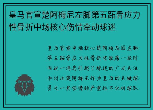 皇马官宣楚阿梅尼左脚第五跖骨应力性骨折中场核心伤情牵动球迷