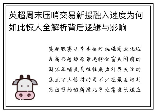英超周末压哨交易新援融入速度为何如此惊人全解析背后逻辑与影响